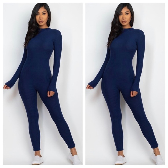 NEW FALL TRENDY NAVY BLUE LONG SLEEVE RIBBED MOCK NECK JUMPSUIT ROMPER - Picture 1 of 6